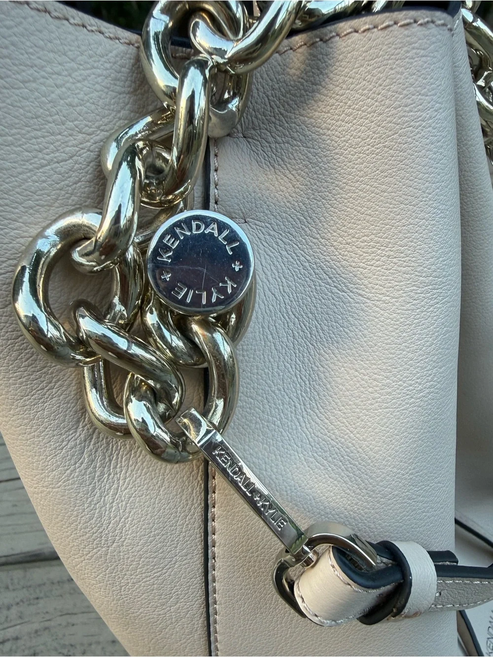 Kendall & Kylie Light Tan Leather Bucket Bag with Chain Strap